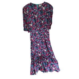 Vintage 1980s Jane Schaffhausen Belle France Prairie Style Teal Floral Dress 10